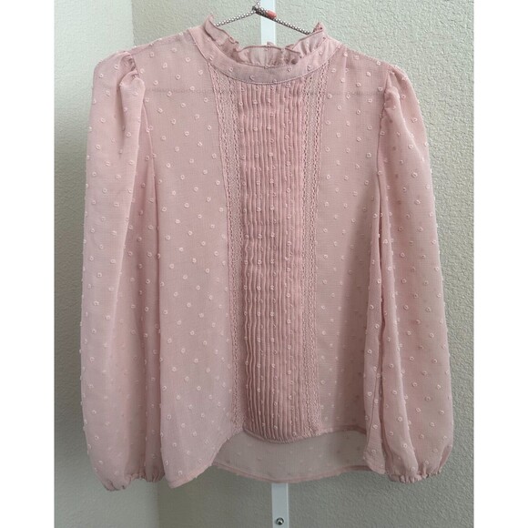 Love Tree Tops - Womens Pink Top SIZE SMALL Sheer Swiss‎ Dot Blouse Lace High Neck Long Sleeves